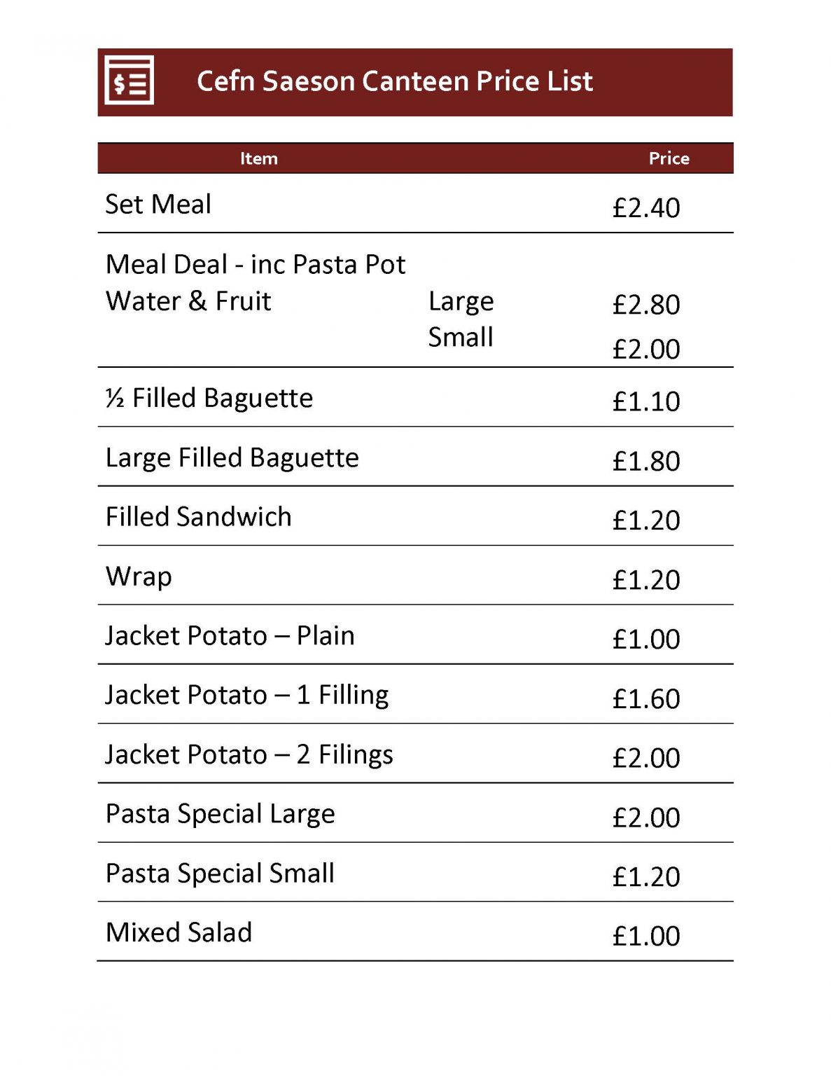 CANTEENNEWPRICELISTSEPT2019_Page_1 Cefn Saeson Comprehensive School
