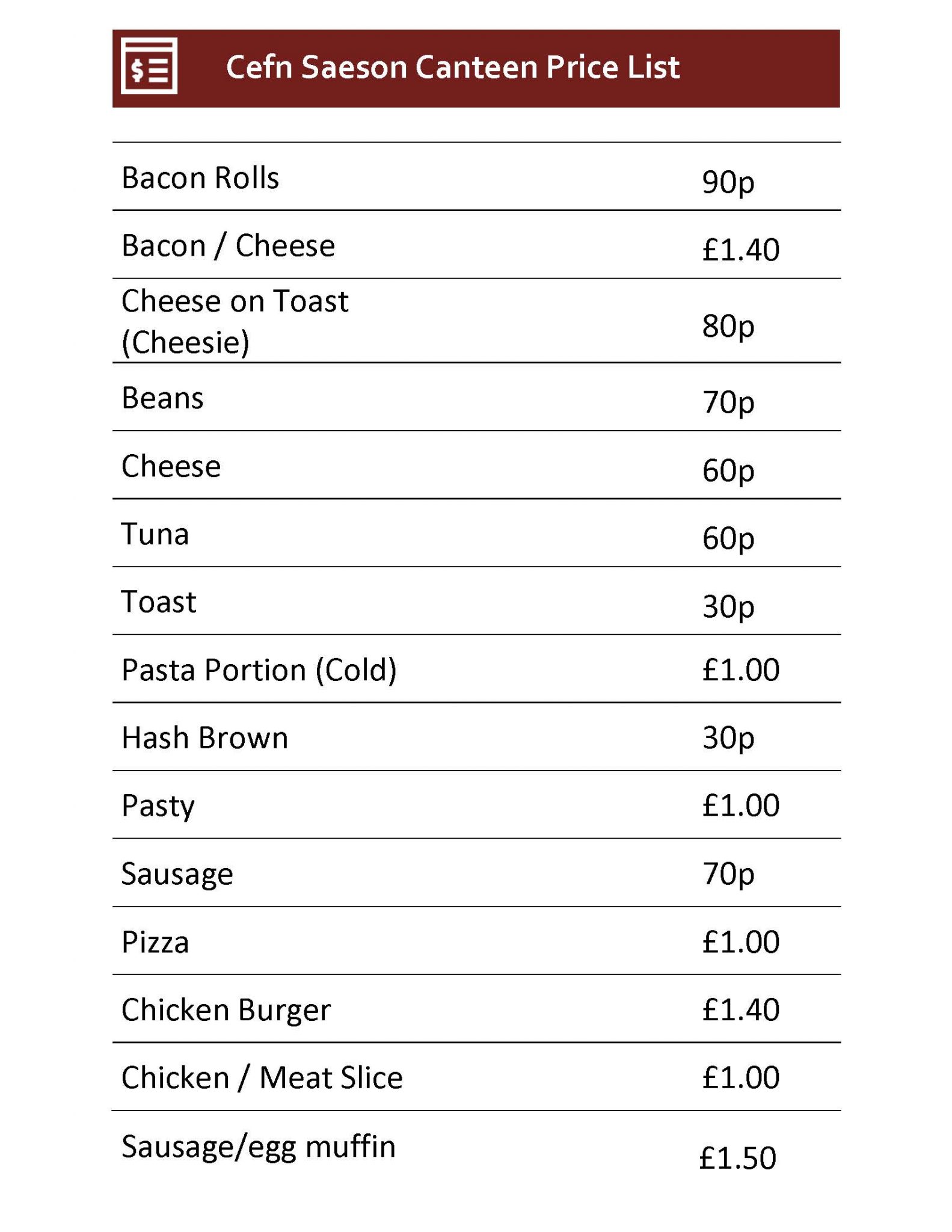 CANTEENNEWPRICELISTSEPT2019_Page_2 Cefn Saeson Comprehensive School